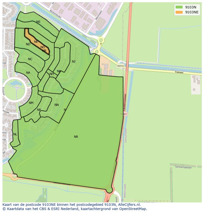 Afbeelding van het postcodegebied 9103 NE op de kaart.