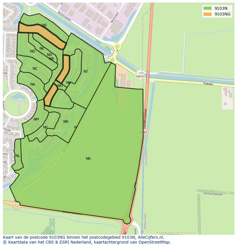 Afbeelding van het postcodegebied 9103 NG op de kaart.