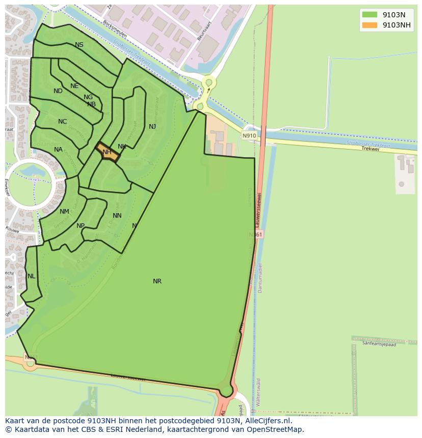 Afbeelding van het postcodegebied 9103 NH op de kaart.