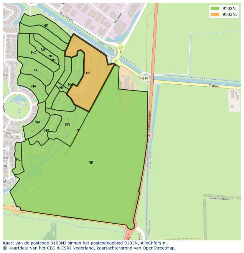 Afbeelding van het postcodegebied 9103 NJ op de kaart.