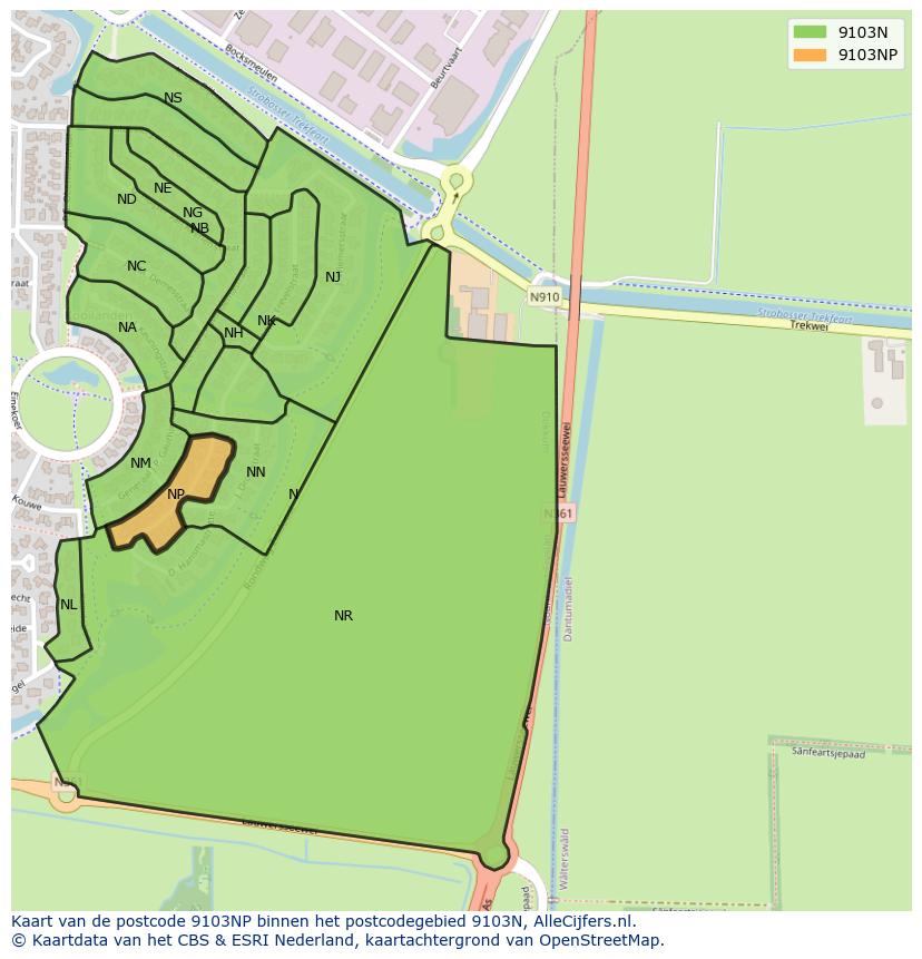 Afbeelding van het postcodegebied 9103 NP op de kaart.