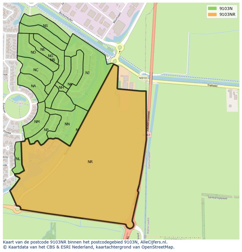Afbeelding van het postcodegebied 9103 NR op de kaart.