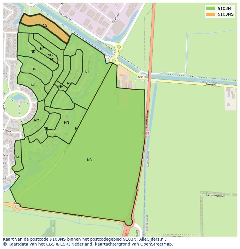 Afbeelding van het postcodegebied 9103 NS op de kaart.