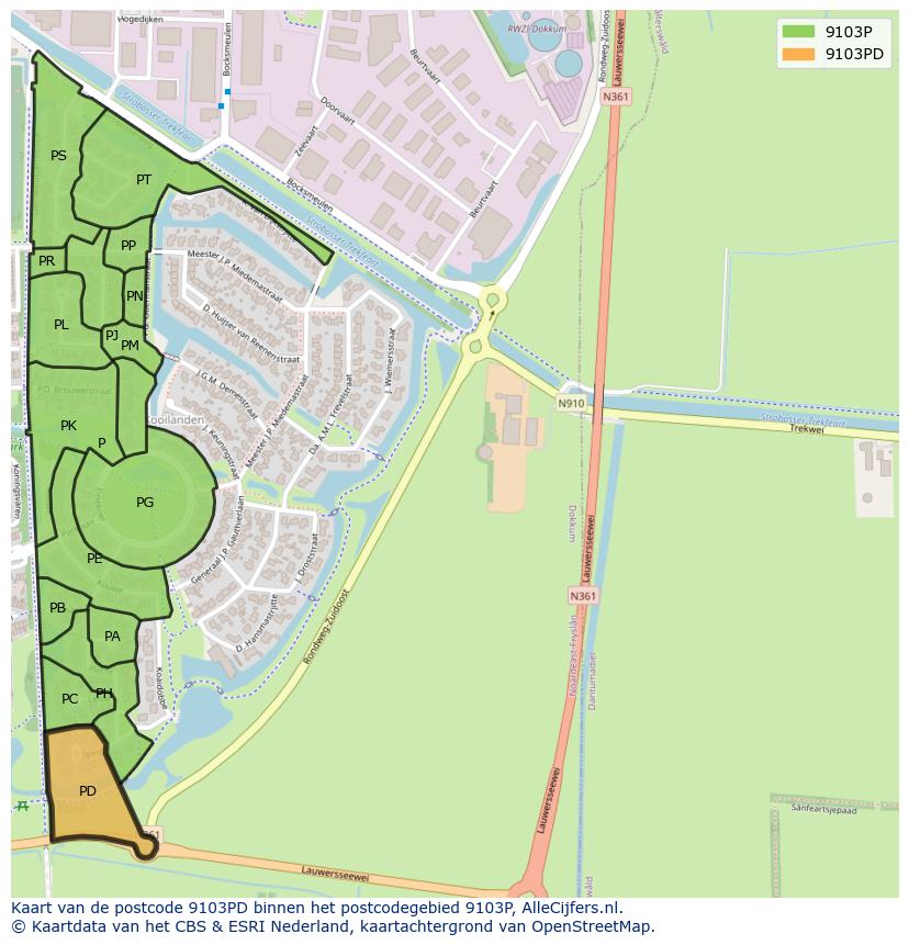 Afbeelding van het postcodegebied 9103 PD op de kaart.