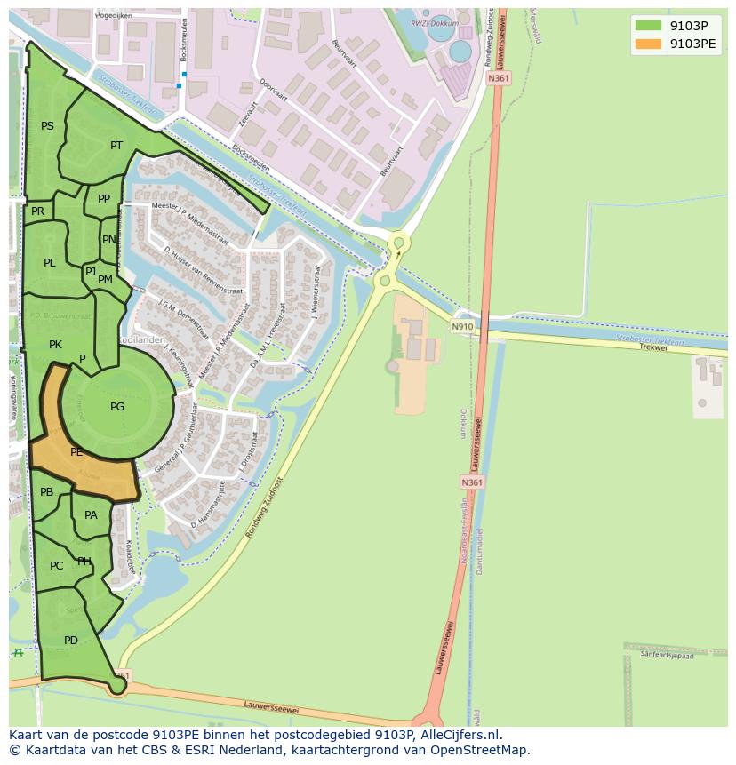 Afbeelding van het postcodegebied 9103 PE op de kaart.
