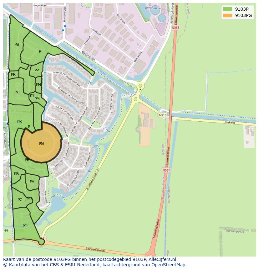 Afbeelding van het postcodegebied 9103 PG op de kaart.
