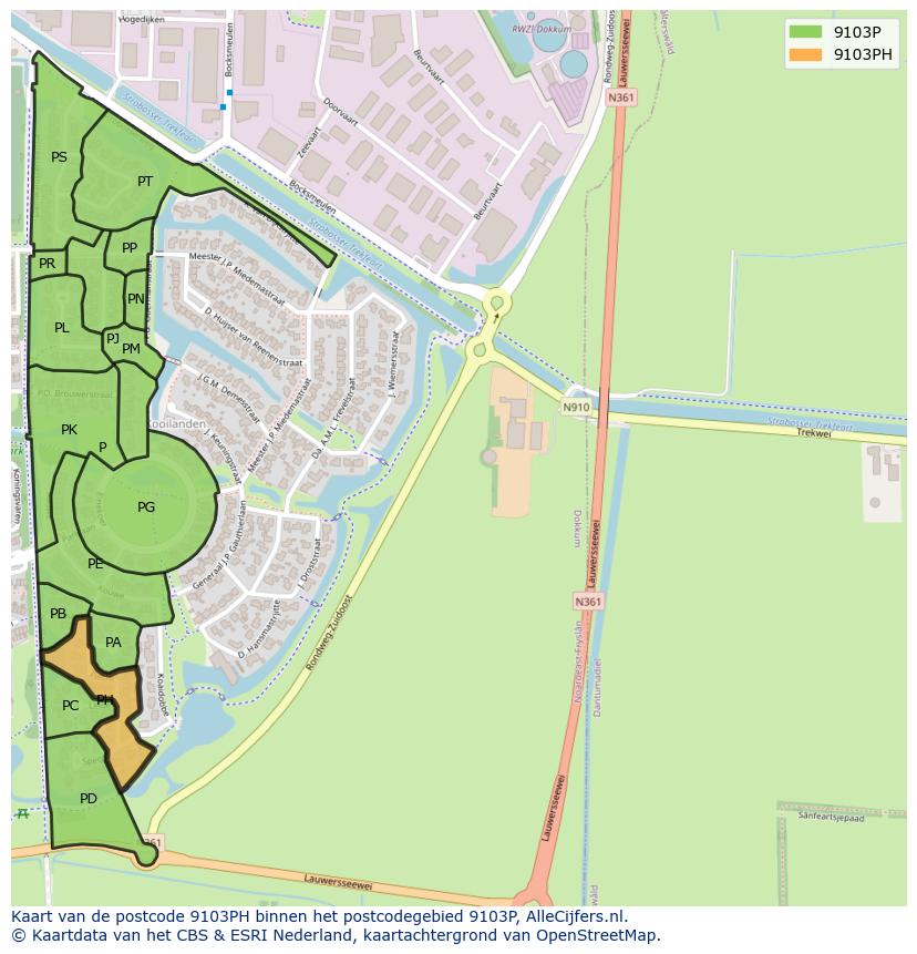 Afbeelding van het postcodegebied 9103 PH op de kaart.