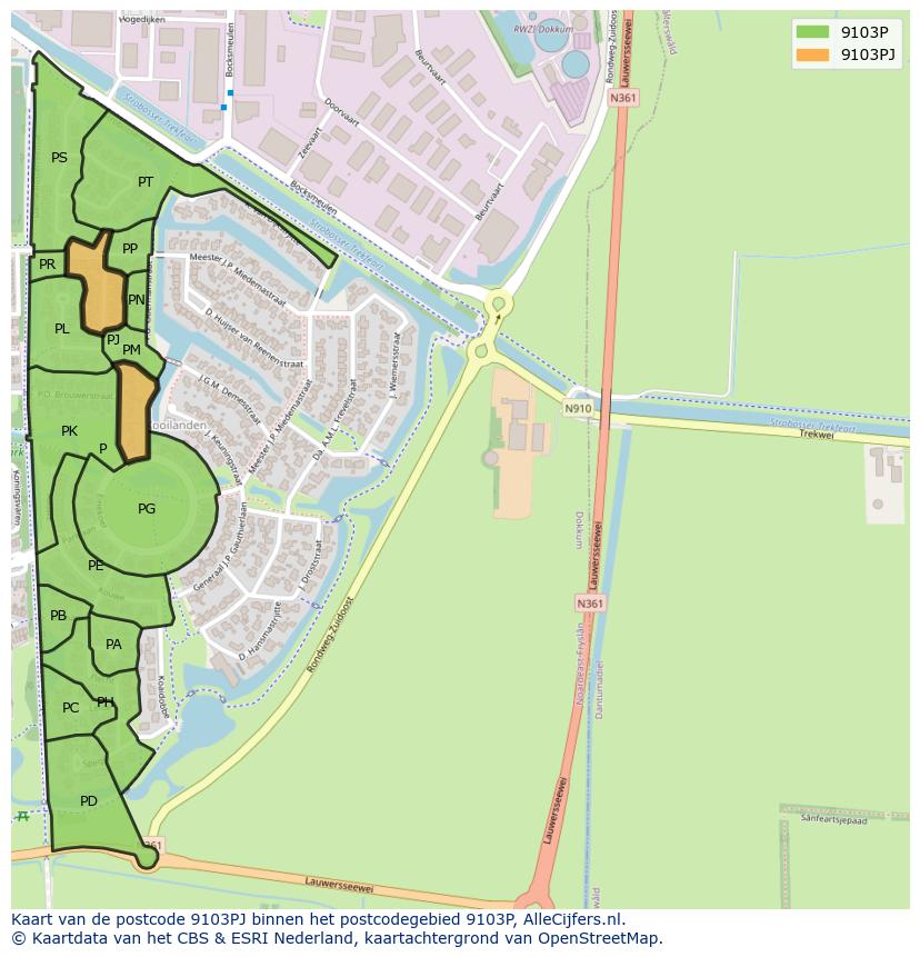 Afbeelding van het postcodegebied 9103 PJ op de kaart.