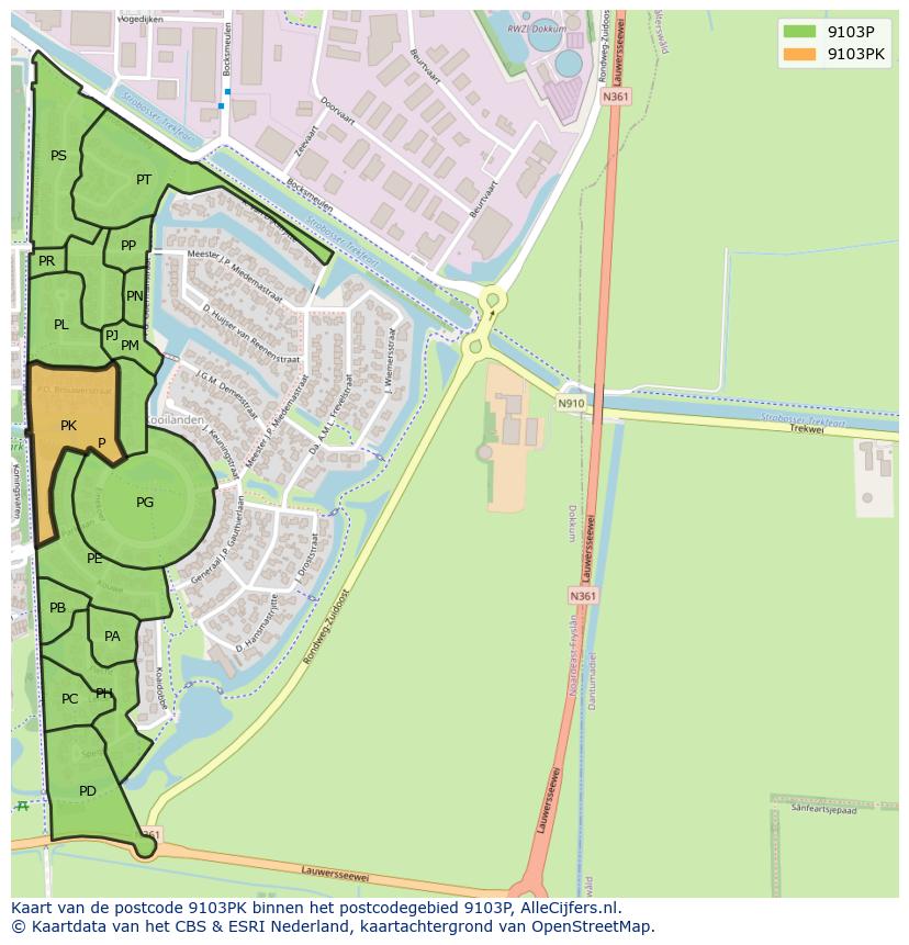 Afbeelding van het postcodegebied 9103 PK op de kaart.
