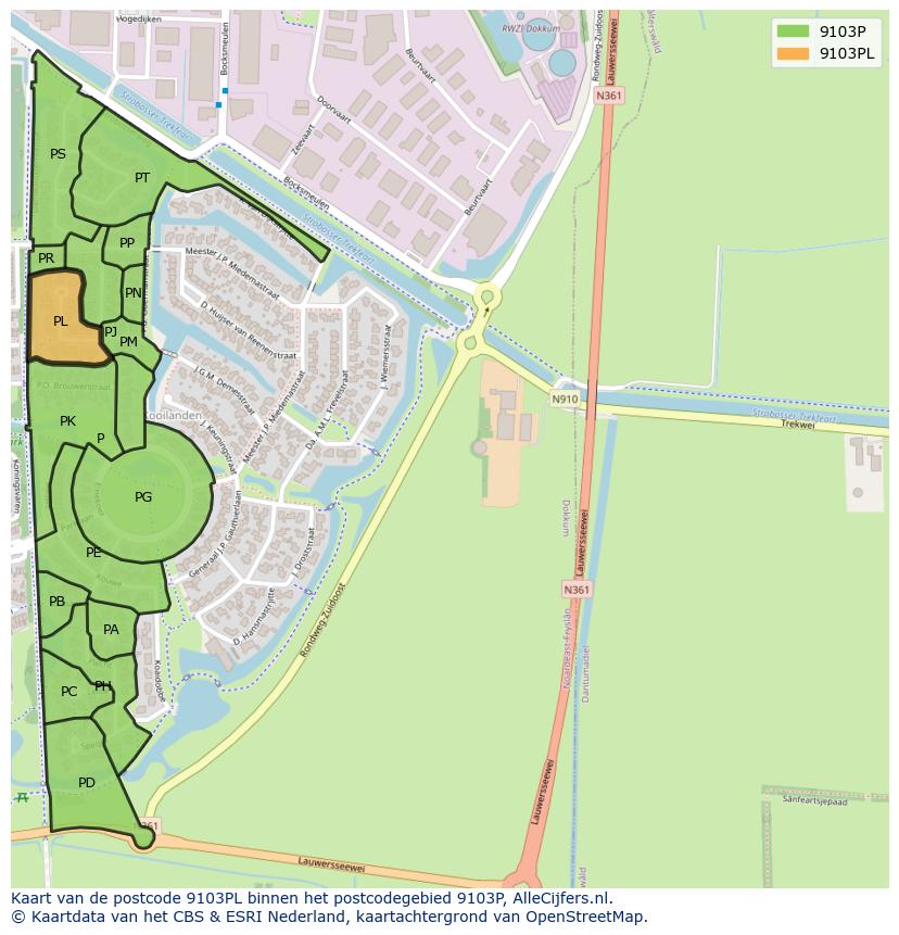 Afbeelding van het postcodegebied 9103 PL op de kaart.
