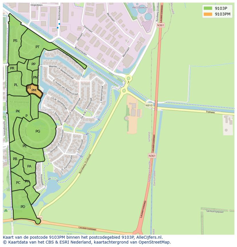 Afbeelding van het postcodegebied 9103 PM op de kaart.