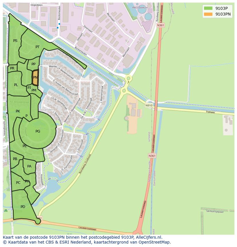Afbeelding van het postcodegebied 9103 PN op de kaart.