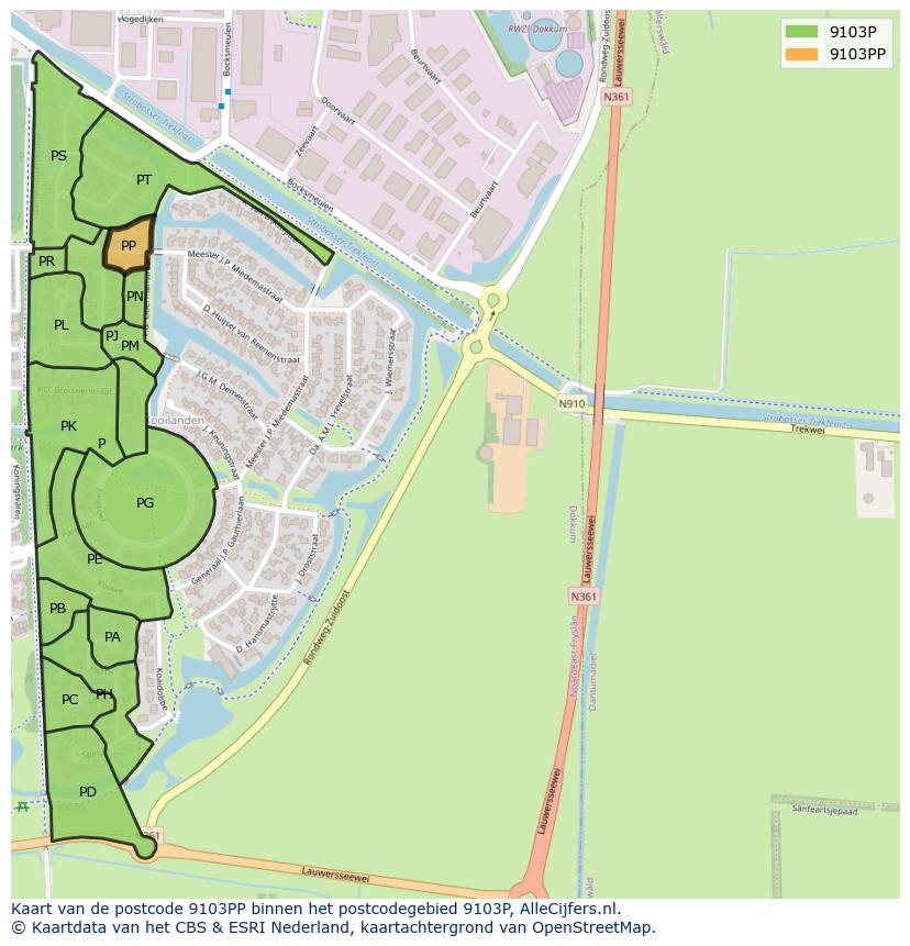 Afbeelding van het postcodegebied 9103 PP op de kaart.