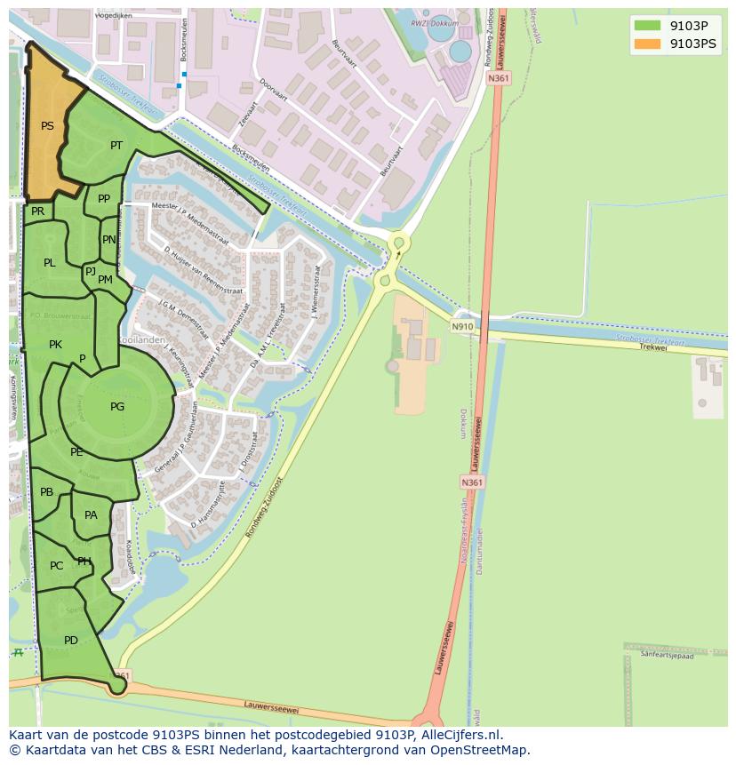 Afbeelding van het postcodegebied 9103 PS op de kaart.