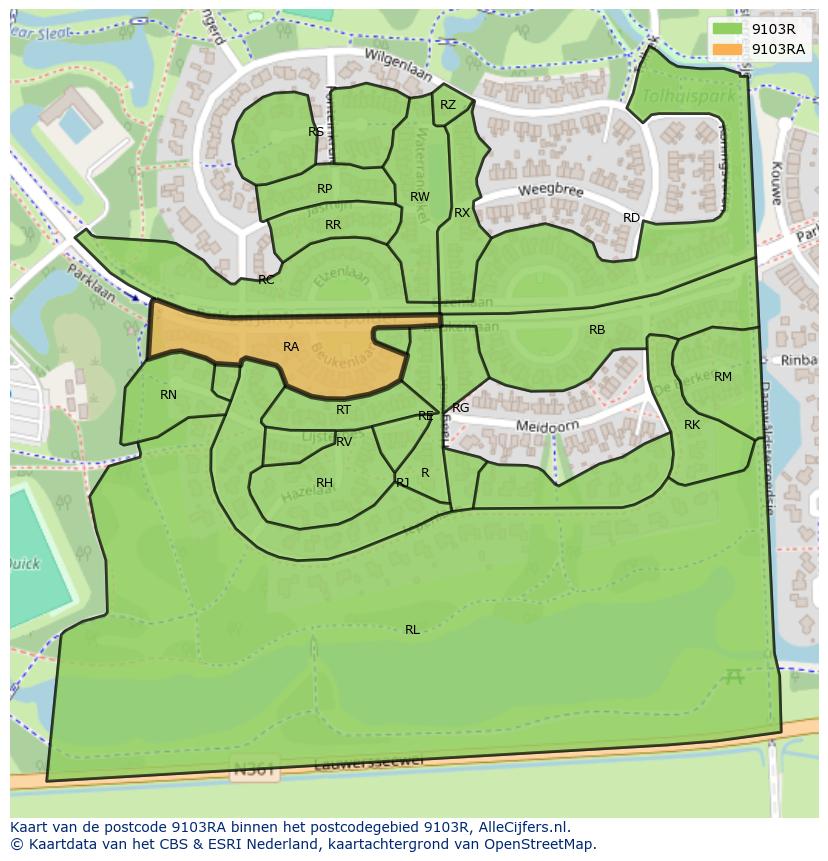 Afbeelding van het postcodegebied 9103 RA op de kaart.