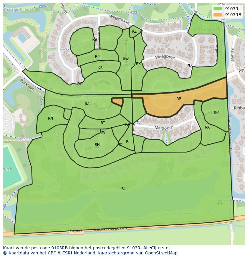 Afbeelding van het postcodegebied 9103 RB op de kaart.