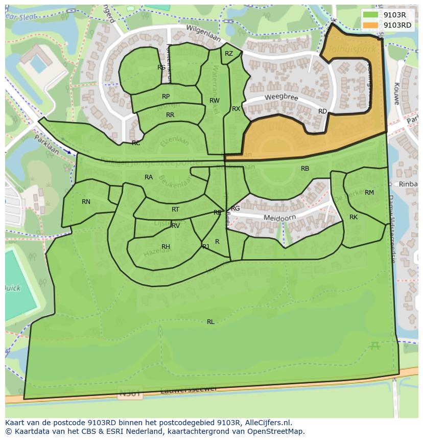 Afbeelding van het postcodegebied 9103 RD op de kaart.