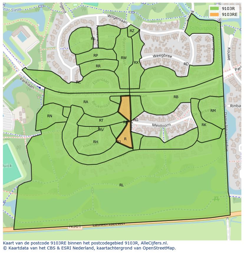 Afbeelding van het postcodegebied 9103 RE op de kaart.