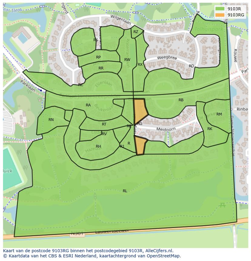 Afbeelding van het postcodegebied 9103 RG op de kaart.