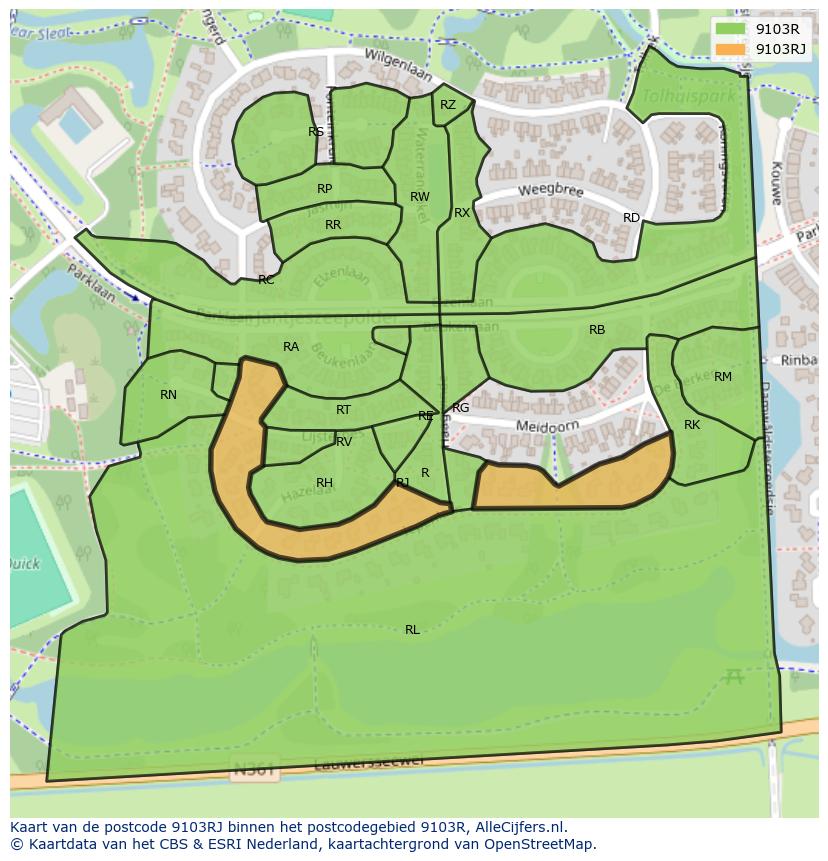 Afbeelding van het postcodegebied 9103 RJ op de kaart.