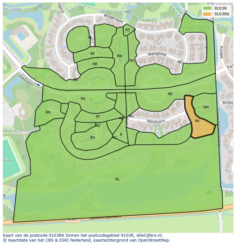 Afbeelding van het postcodegebied 9103 RK op de kaart.