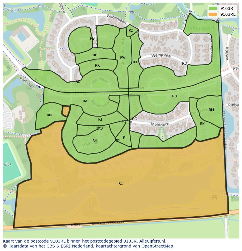 Afbeelding van het postcodegebied 9103 RL op de kaart.