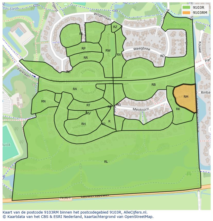 Afbeelding van het postcodegebied 9103 RM op de kaart.