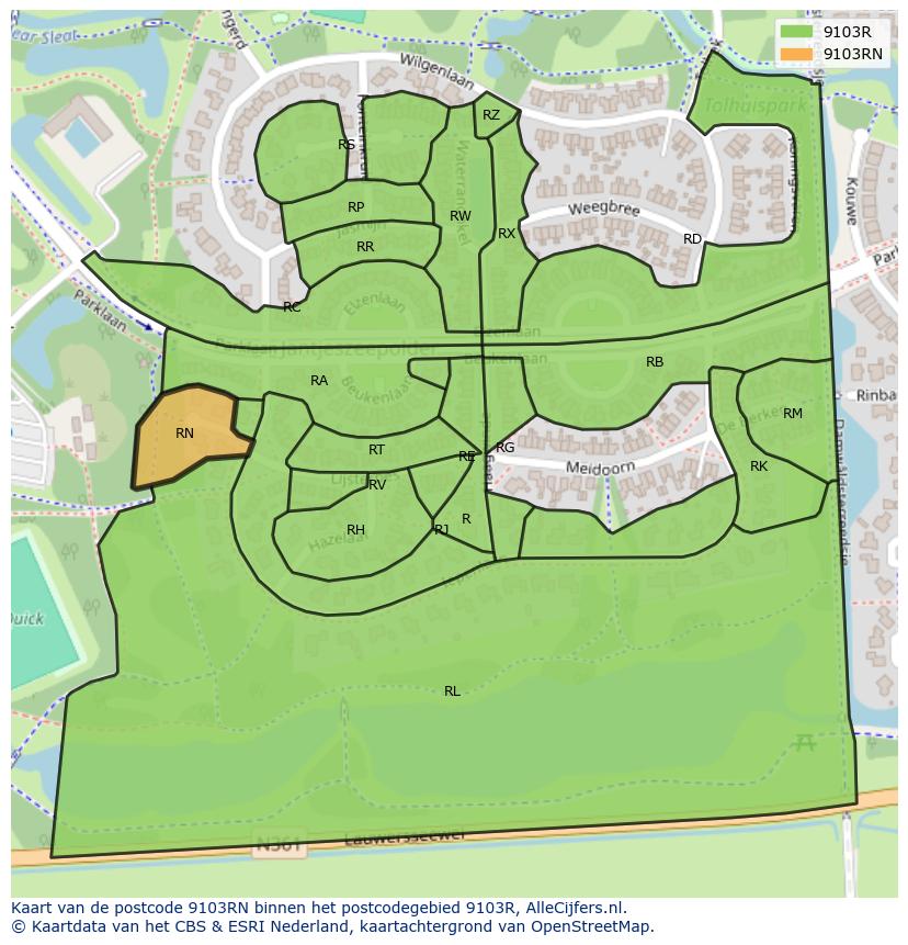 Afbeelding van het postcodegebied 9103 RN op de kaart.
