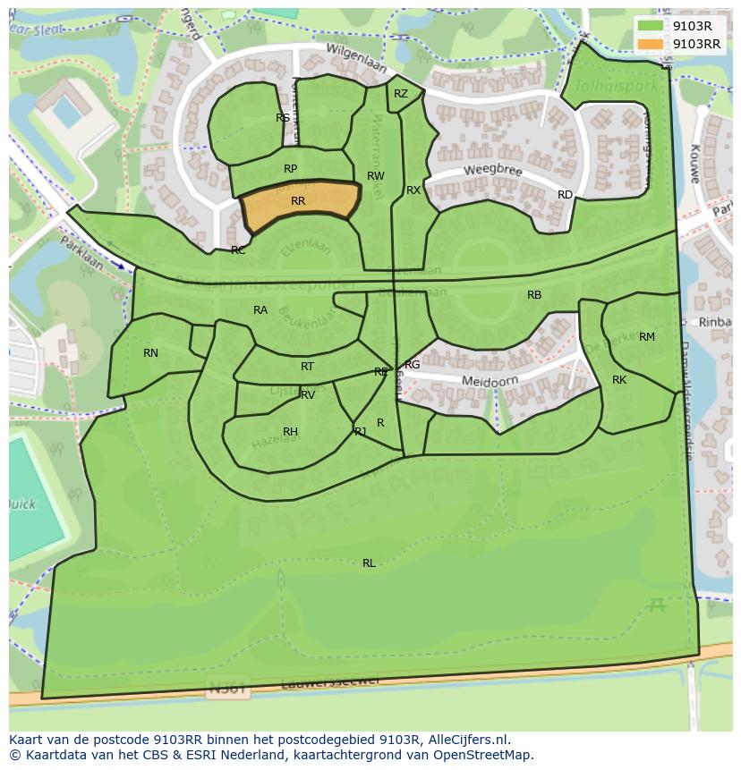 Afbeelding van het postcodegebied 9103 RR op de kaart.