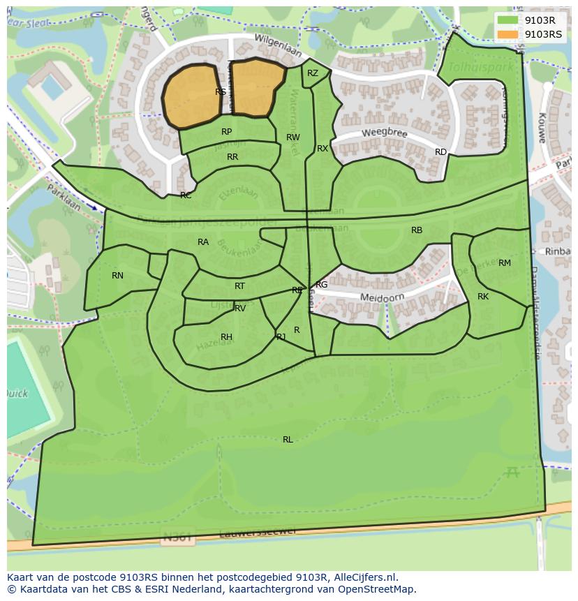 Afbeelding van het postcodegebied 9103 RS op de kaart.