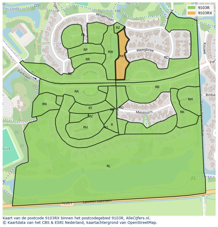 Afbeelding van het postcodegebied 9103 RX op de kaart.