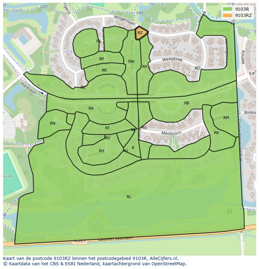 Afbeelding van het postcodegebied 9103 RZ op de kaart.