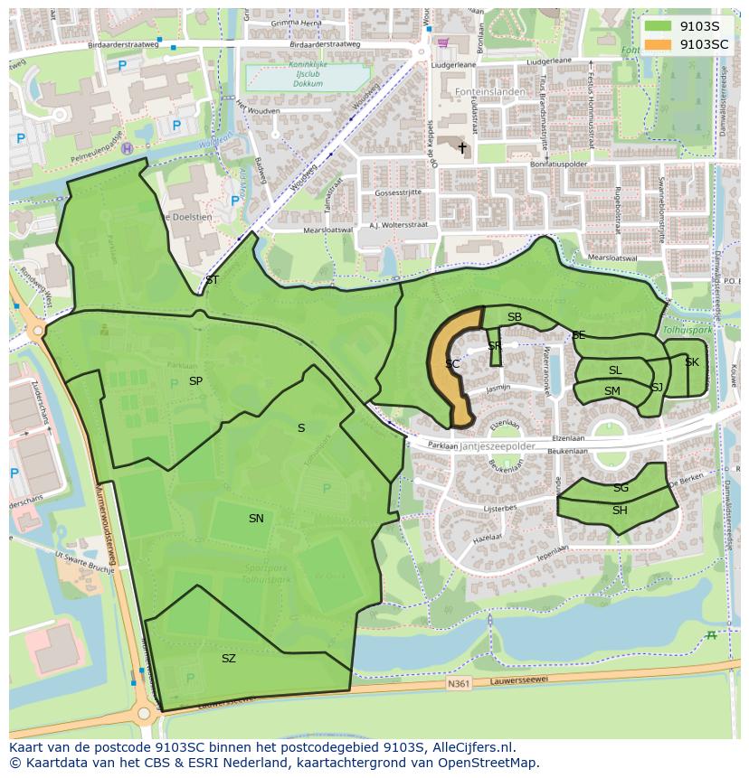 Afbeelding van het postcodegebied 9103 SC op de kaart.