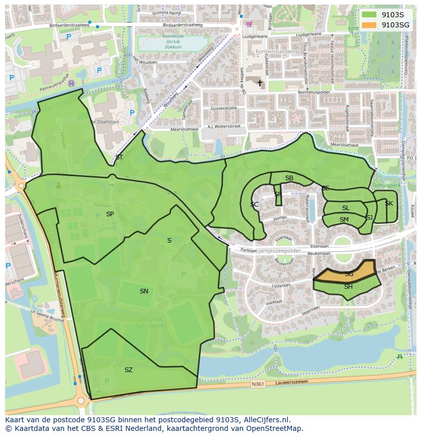 Afbeelding van het postcodegebied 9103 SG op de kaart.