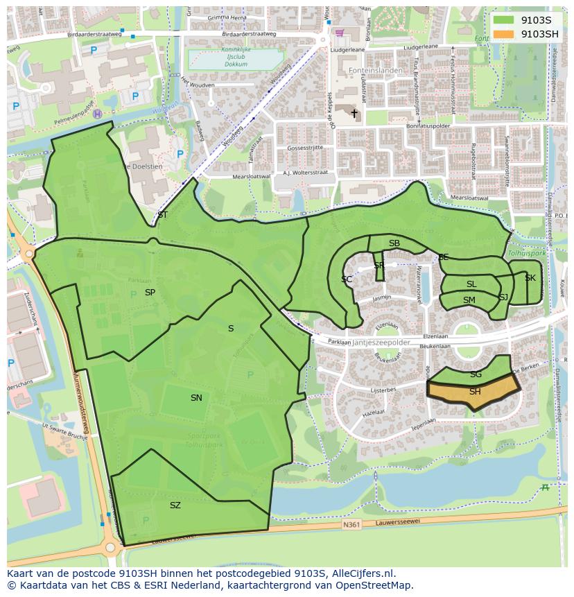 Afbeelding van het postcodegebied 9103 SH op de kaart.