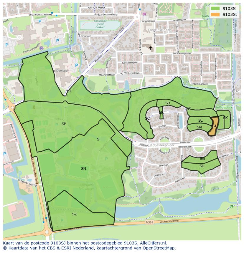 Afbeelding van het postcodegebied 9103 SJ op de kaart.