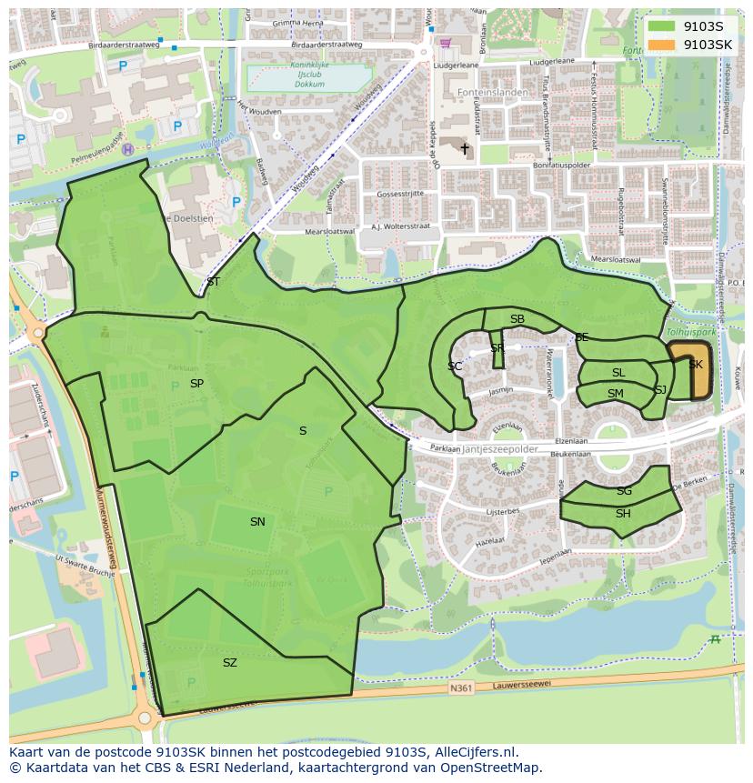 Afbeelding van het postcodegebied 9103 SK op de kaart.