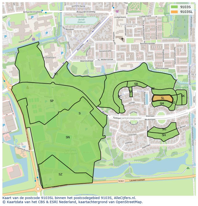 Afbeelding van het postcodegebied 9103 SL op de kaart.