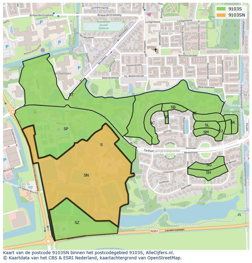Afbeelding van het postcodegebied 9103 SN op de kaart.
