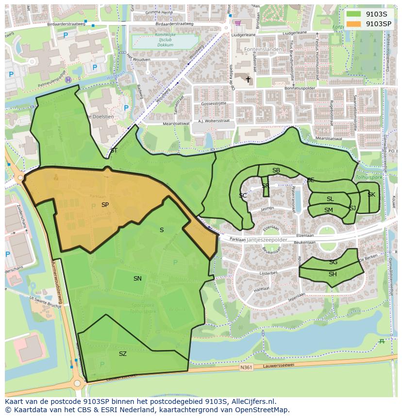 Afbeelding van het postcodegebied 9103 SP op de kaart.