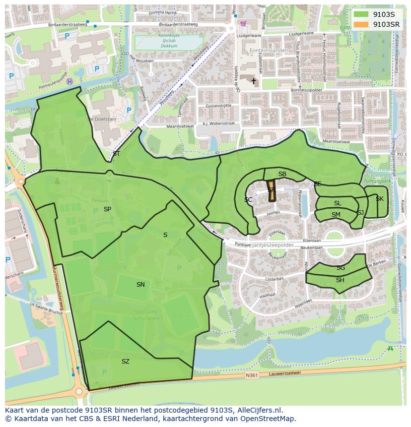 Afbeelding van het postcodegebied 9103 SR op de kaart.