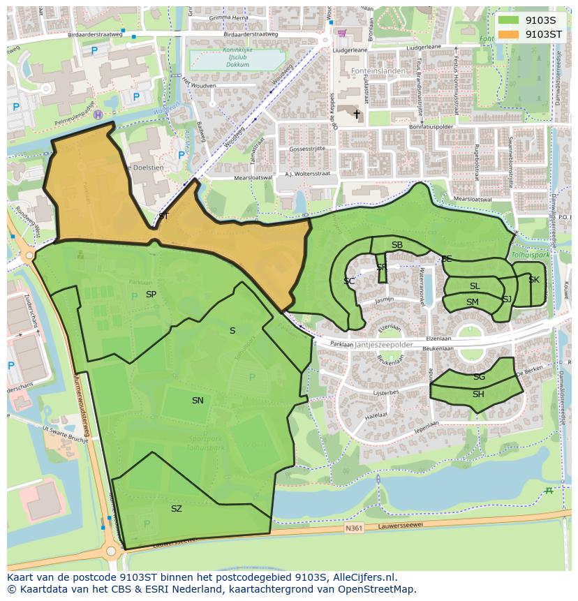 Afbeelding van het postcodegebied 9103 ST op de kaart.