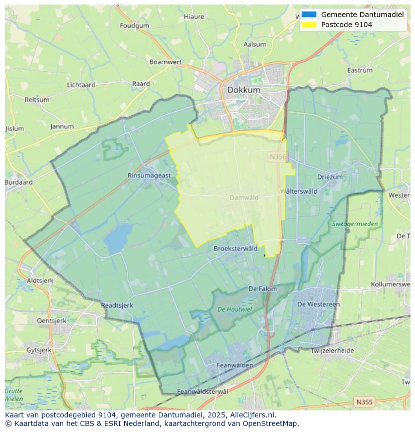 Afbeelding van het postcodegebied 9104 op de kaart.