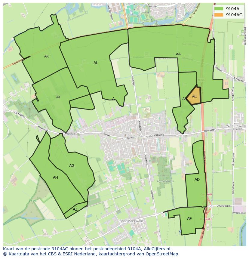 Afbeelding van het postcodegebied 9104 AC op de kaart.