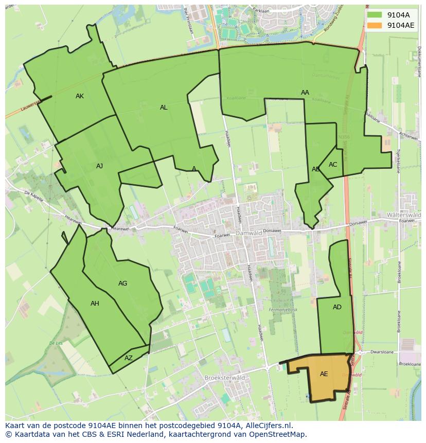 Afbeelding van het postcodegebied 9104 AE op de kaart.