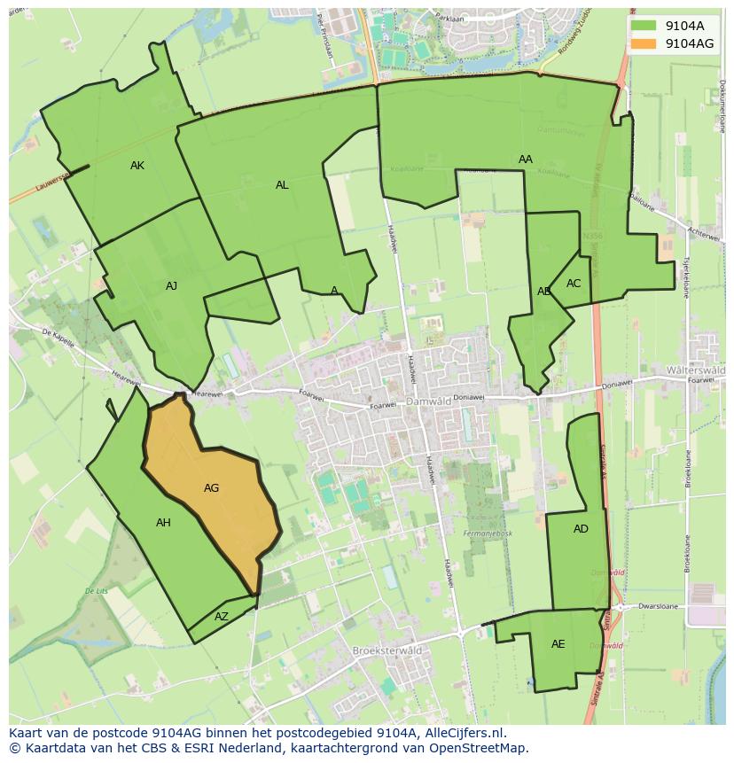 Afbeelding van het postcodegebied 9104 AG op de kaart.