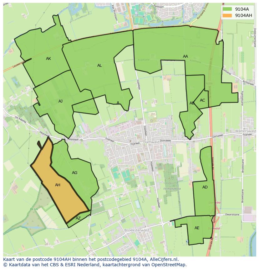 Afbeelding van het postcodegebied 9104 AH op de kaart.