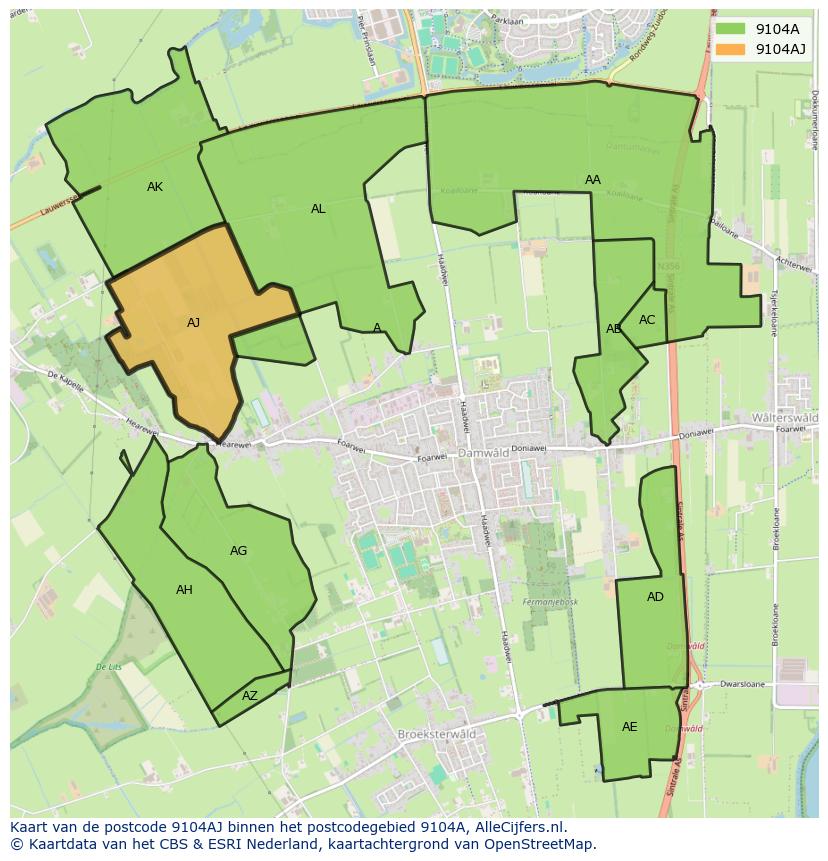Afbeelding van het postcodegebied 9104 AJ op de kaart.