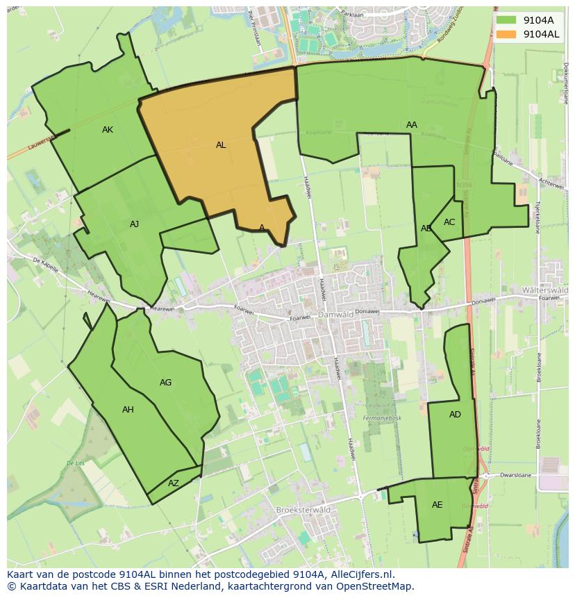 Afbeelding van het postcodegebied 9104 AL op de kaart.