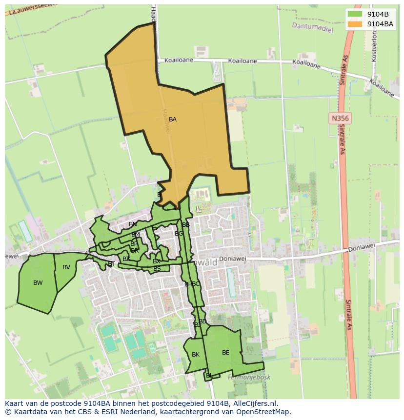 Afbeelding van het postcodegebied 9104 BA op de kaart.